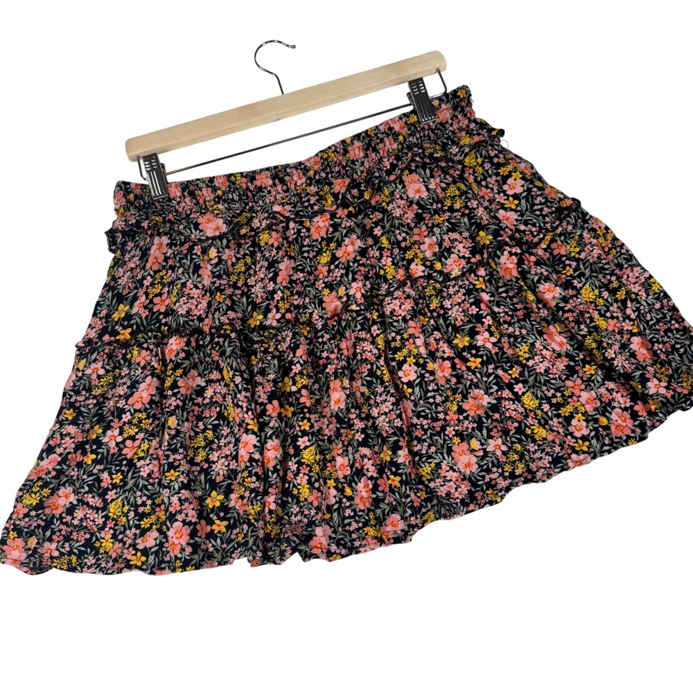 American Eagle Skirt Womens Large Black Pink Floral Tiered Ruffle Mini Boho Chic